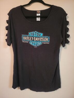 Harley-Davidson Black Tee with Turquoise Logo and Cutout Sleeves